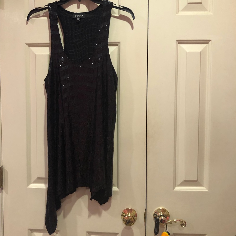 Bebe Black Sequin Asymmetrical Tank Top Size Small Two tone